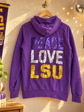 LSU Tigers Peace Love Sequin Purple Full Zip Hoodie Women’s Size M